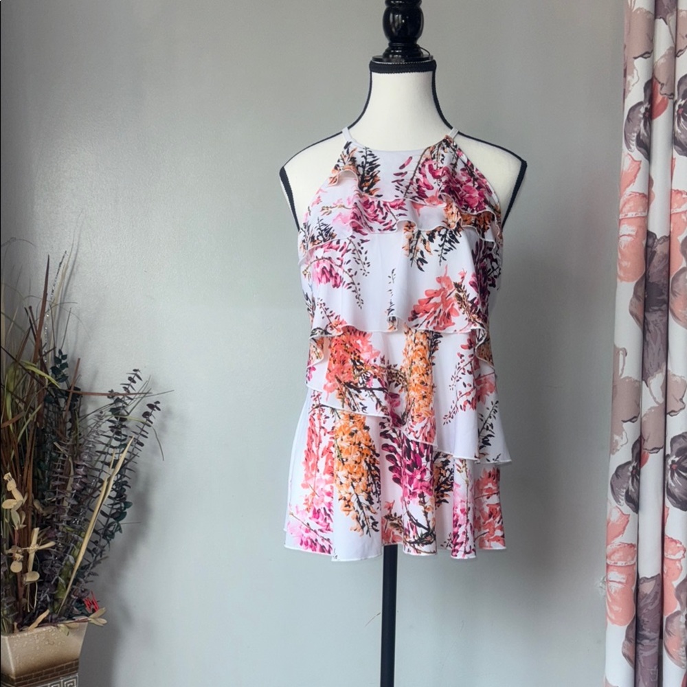Worthington Ruffled Asymmetrical Tank Top in Pink and White